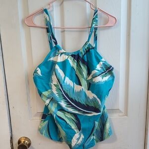 Jantzen Light Turquoise Blue Leaf Print Two Piece Tankini Swim Set Size 14